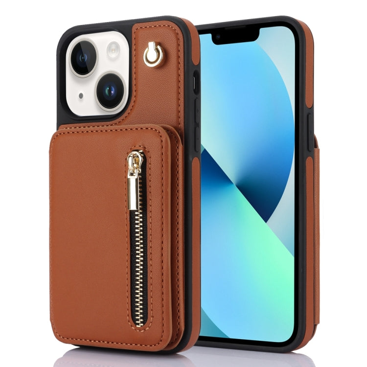 For iPhone 13 YM006 Skin Feel Zipper Card Bag Phone Case with Dual Lanyard(Brown) - iPhone 13 Cases by buy2fix | Online Shopping UK | buy2fix