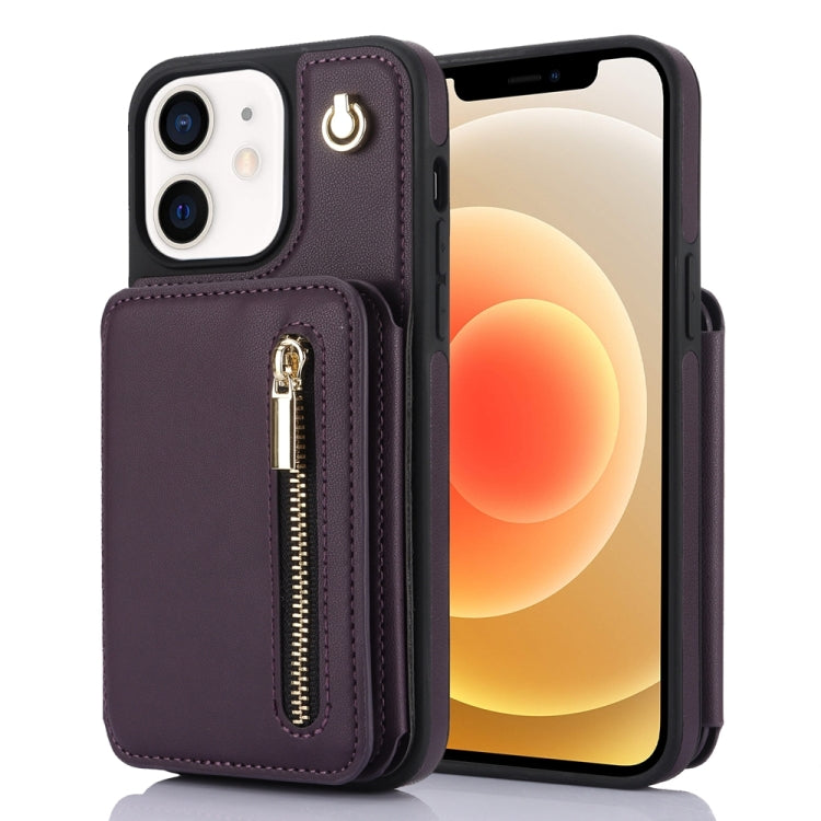 For iPhone 12 / 12 Pro YM006 Skin Feel Zipper Card Bag Phone Case with Dual Lanyard(Dark Purple) - iPhone 12 / 12 Pro Cases by buy2fix | Online Shopping UK | buy2fix