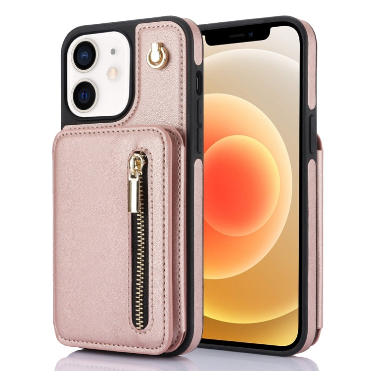 For iPhone 12 / 12 Pro YM006 Skin Feel Zipper Card Bag Phone Case with Dual Lanyard(Rose Gold) - iPhone 12 / 12 Pro Cases by buy2fix | Online Shopping UK | buy2fix