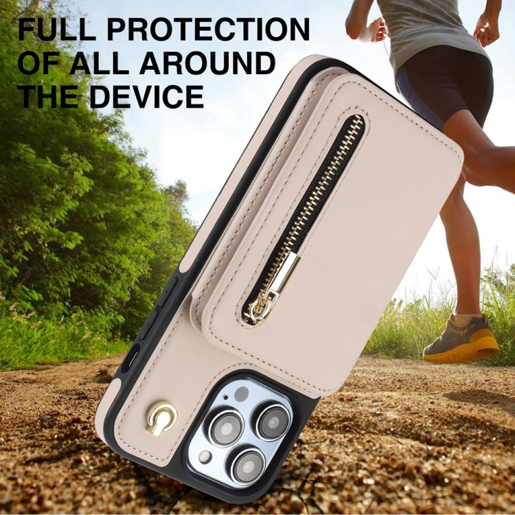 For iPhone 12 Pro Max YM006 Skin Feel Zipper Card Bag Phone Case with Dual Lanyard(Apricot) - iPhone 12 Pro Max Cases by buy2fix | Online Shopping UK | buy2fix