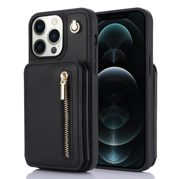For iPhone 12 Pro Max YM006 Skin Feel Zipper Card Bag Phone Case with Dual Lanyard(Black) - iPhone 12 Pro Max Cases by buy2fix | Online Shopping UK | buy2fix