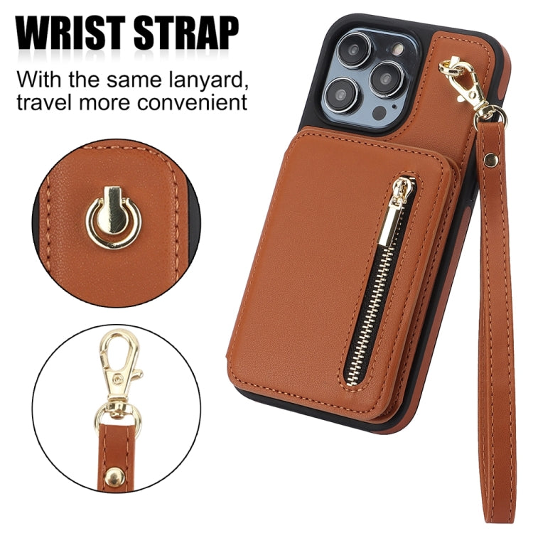 For iPhone 12 Pro Max YM006 Skin Feel Zipper Card Bag Phone Case with Dual Lanyard(Brown) - iPhone 12 Pro Max Cases by buy2fix | Online Shopping UK | buy2fix