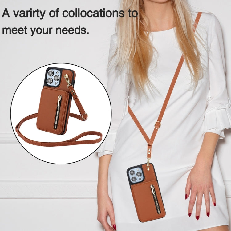 For iPhone 12 Pro Max YM006 Skin Feel Zipper Card Bag Phone Case with Dual Lanyard(Brown) - iPhone 12 Pro Max Cases by buy2fix | Online Shopping UK | buy2fix