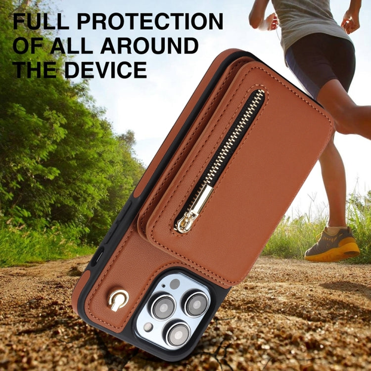 For iPhone 12 Pro Max YM006 Skin Feel Zipper Card Bag Phone Case with Dual Lanyard(Brown) - iPhone 12 Pro Max Cases by buy2fix | Online Shopping UK | buy2fix