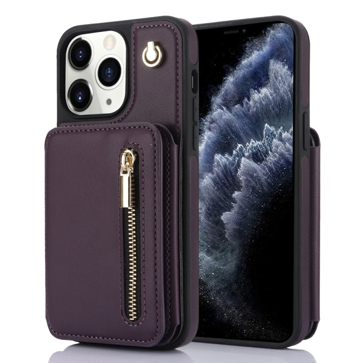 For iPhone 11 Pro Max YM006 Skin Feel Zipper Card Bag Phone Case with Dual Lanyard(Dark Purple) - iPhone 11 Pro Max Cases by buy2fix | Online Shopping UK | buy2fix