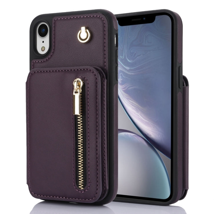 For iPhone XR YM006 Skin Feel Zipper Card Bag Phone Case with Dual Lanyard(Dark Purple) - More iPhone Cases by buy2fix | Online Shopping UK | buy2fix