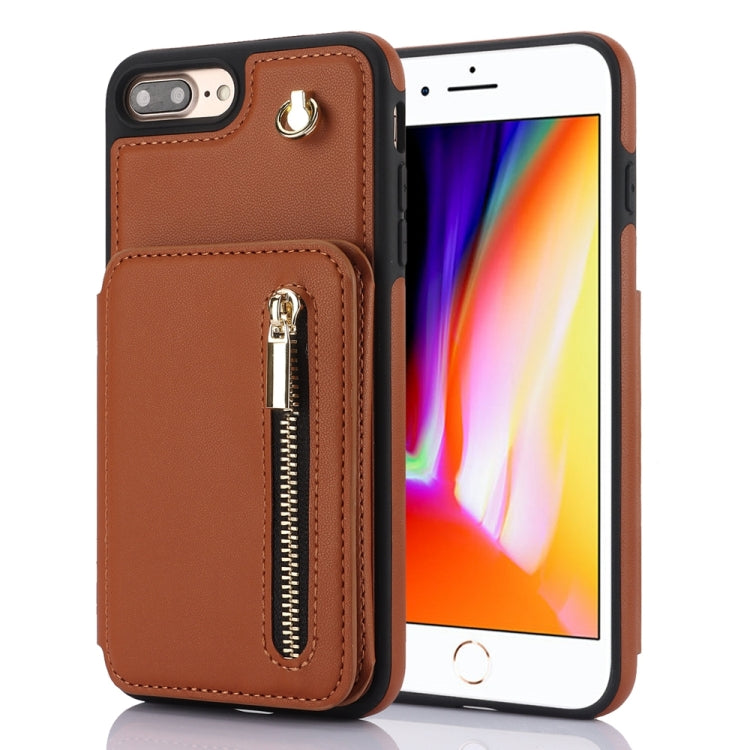 For iPhone 7 Plus / 8 Plus YM006 Skin Feel Zipper Card Bag Phone Case with Dual Lanyard(Brown) - More iPhone Cases by buy2fix | Online Shopping UK | buy2fix