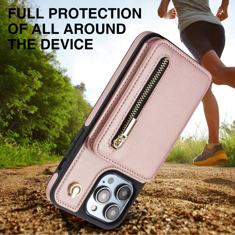 For iPhone SE 2022 / 2020 / 8 / 7 YM006 Skin Feel Zipper Card Bag Phone Case with Dual Lanyard(Rose Gold) - More iPhone Cases by buy2fix | Online Shopping UK | buy2fix