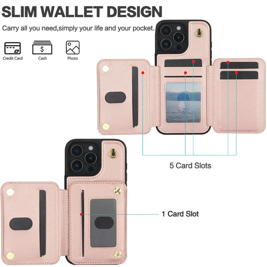 For iPhone 16 Pro Max YM006 Skin Feel Zipper Card Bag Phone Case with Dual Lanyard(Rose Gold) by buy2fix