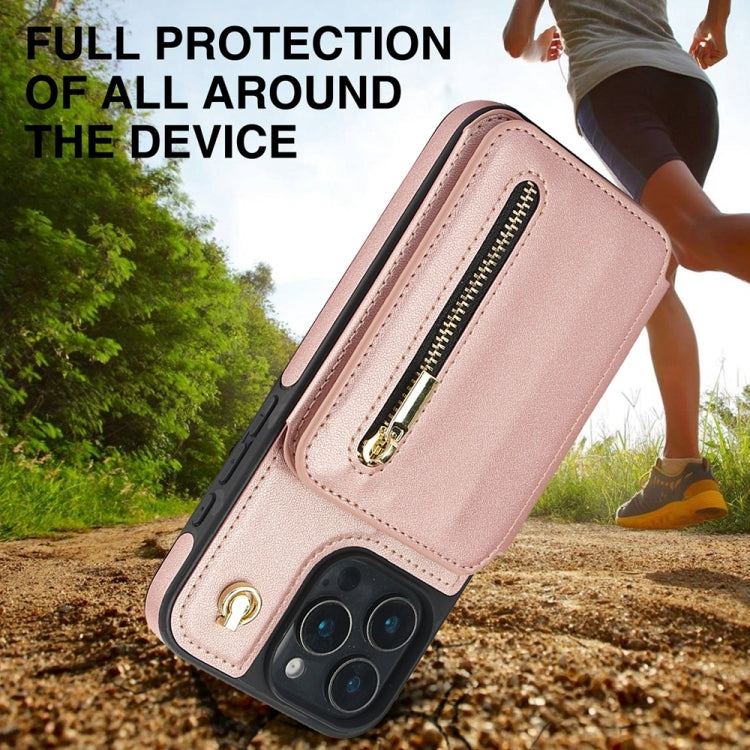 For iPhone 16 Pro YM006 Skin Feel Zipper Card Bag Phone Case with Dual Lanyard(Rose Gold) by buy2fix