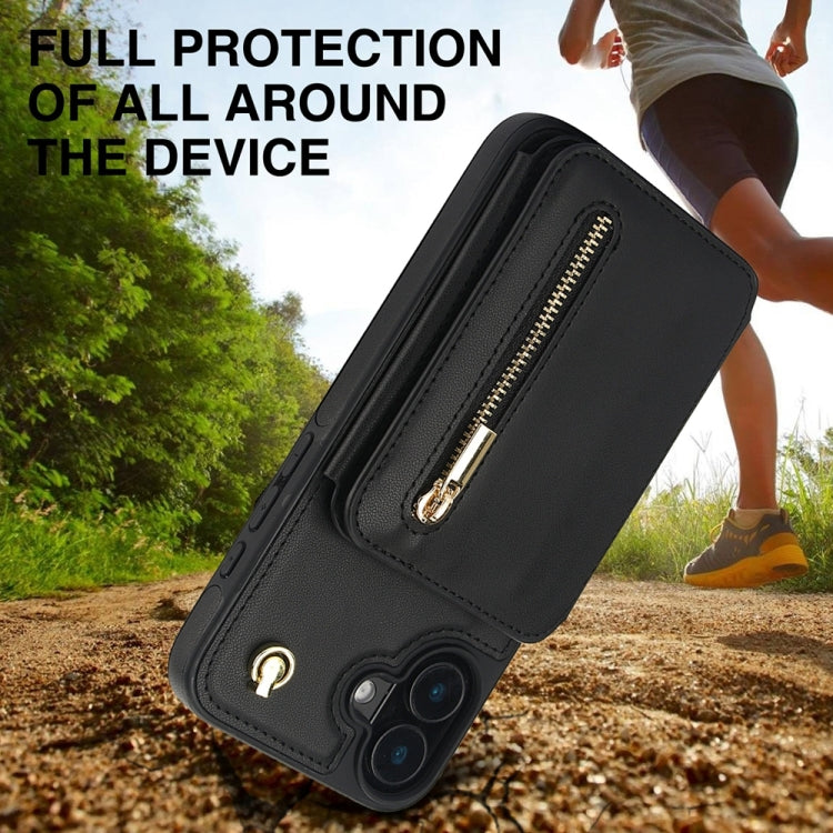 For iPhone 16 Plus YM006 Skin Feel Zipper Card Bag Phone Case with Dual Lanyard(Black) by buy2fix