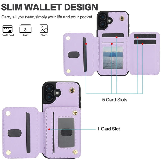 For iPhone 16 Plus YM006 Skin Feel Zipper Card Bag Phone Case with Dual Lanyard(Light Purple) by buy2fix