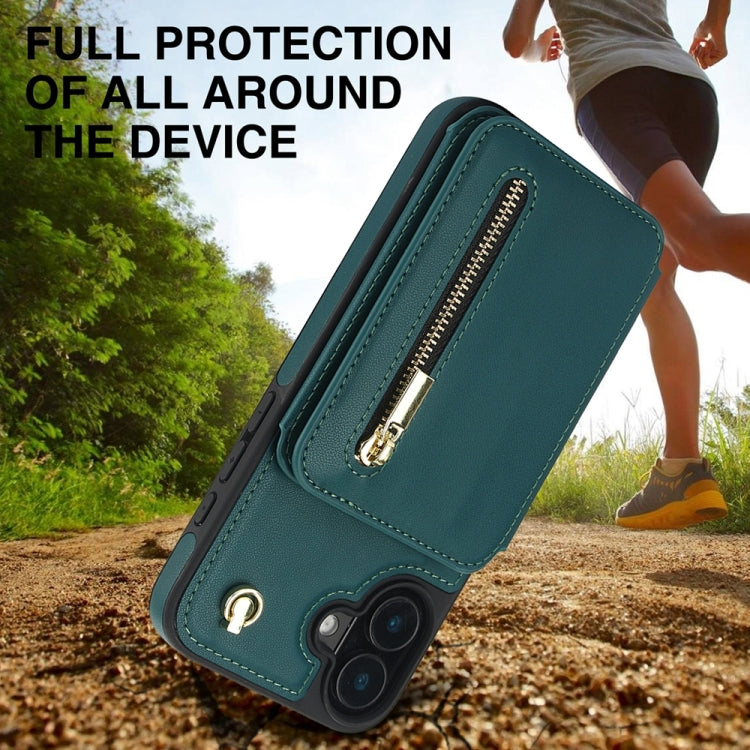 For iPhone 16 Plus YM006 Skin Feel Zipper Card Bag Phone Case with Dual Lanyard(Green) by buy2fix
