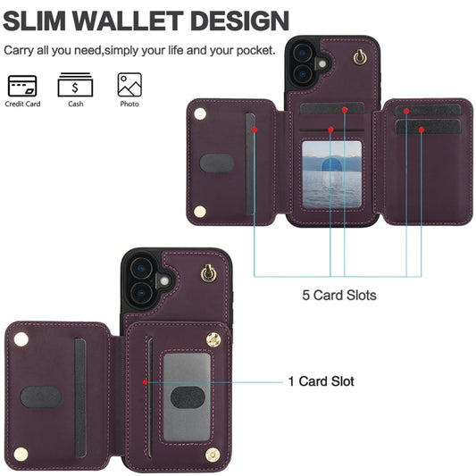 For iPhone 16 YM006 Skin Feel Zipper Card Bag Phone Case with Dual Lanyard(Dark Purple) by buy2fix