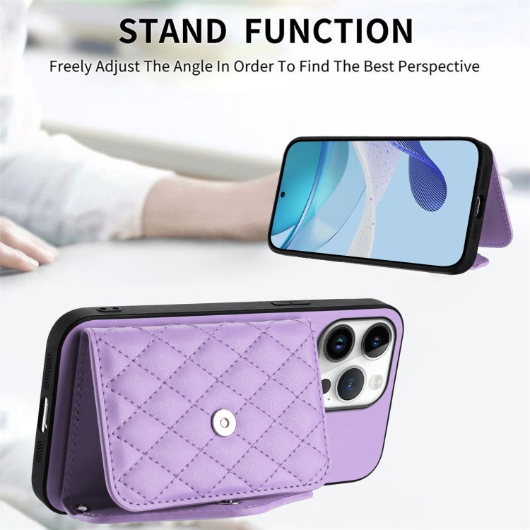 For iPhone 16 Pro Max Rhombic Texture Card Bag RFID Phone Case with Long Lanyard(Light Purple) by buy2fix