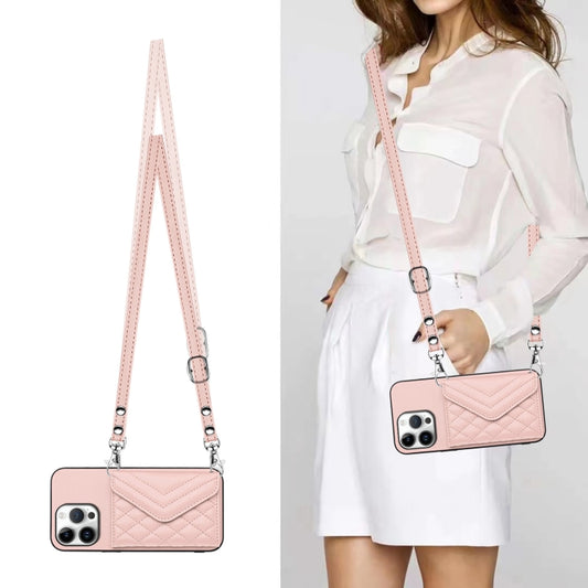 For iPhone 16 Pro Max Rhombic Texture Card Bag RFID Phone Case with Long Lanyard(Rose Gold) by buy2fix