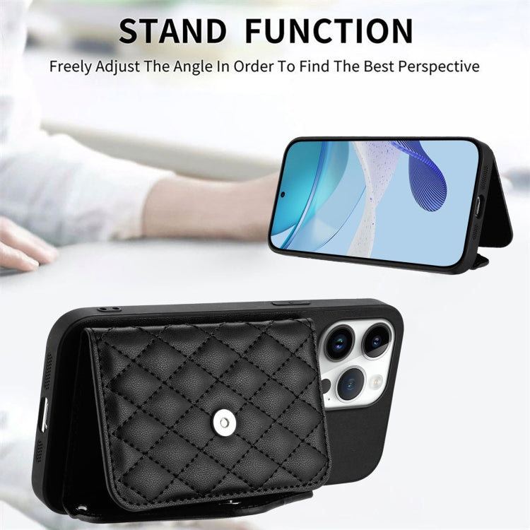 For iPhone 16 Pro Max Rhombic Texture Card Bag RFID Phone Case with Long Lanyard(Black) by buy2fix