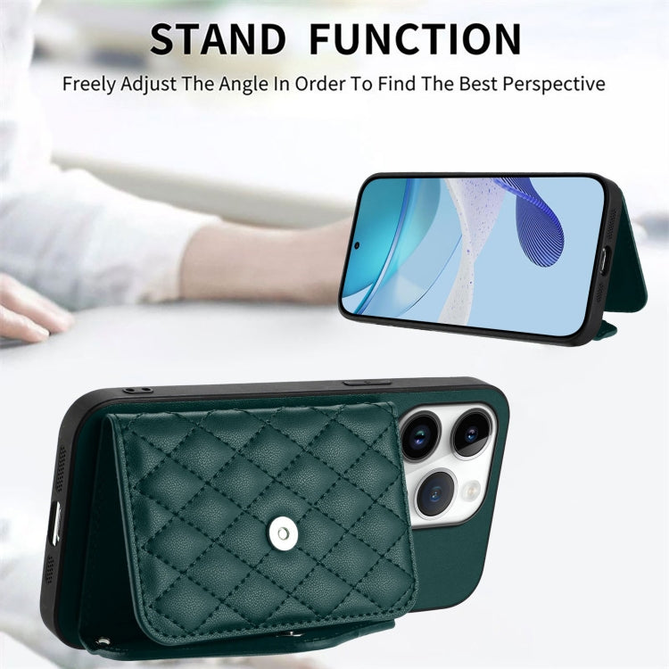 For iPhone 16 Pro Rhombic Texture Card Bag RFID Phone Case with Long Lanyard(Green) by buy2fix