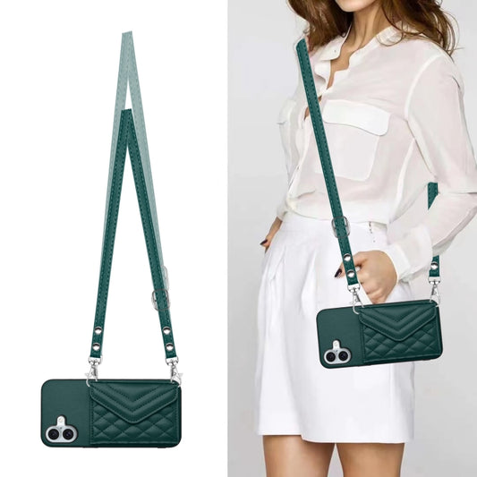 For iPhone 16 Plus Rhombic Texture Card Bag RFID Phone Case with Long Lanyard(Green) by buy2fix