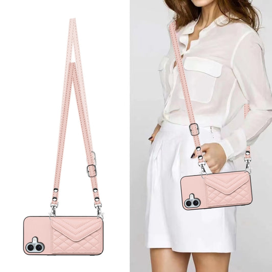 For iPhone 16 Plus Rhombic Texture Card Bag RFID Phone Case with Long Lanyard(Rose Gold) by buy2fix