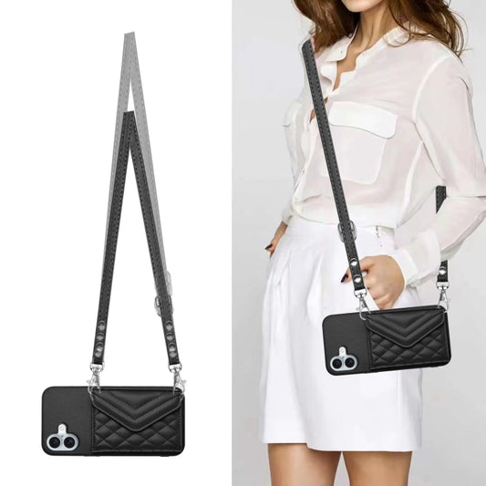 For iPhone 16 Plus Rhombic Texture Card Bag RFID Phone Case with Long Lanyard(Black) by buy2fix