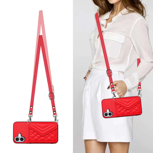 For iPhone 16 Plus Rhombic Texture Card Bag RFID Phone Case with Long Lanyard(Red) by buy2fix