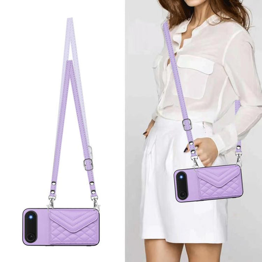 For iPhone Air Rhombic Texture Card Bag RFID Phone Case with Long Lanyard(Light Purple) - iPhone Air Cases by buy2fix | Online Shopping UK | buy2fix