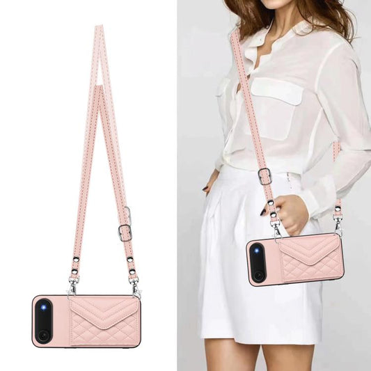 For iPhone Air Rhombic Texture Card Bag RFID Phone Case with Long Lanyard(Rose Gold) - iPhone Air Cases by buy2fix | Online Shopping UK | buy2fix