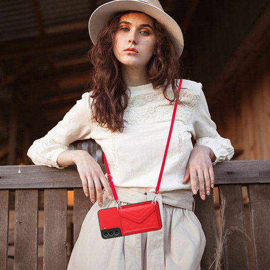 For Samsung Galaxy S22 5G Rhombic Texture Card Bag RFID Phone Case with Long Lanyard(Red) by buy2fix