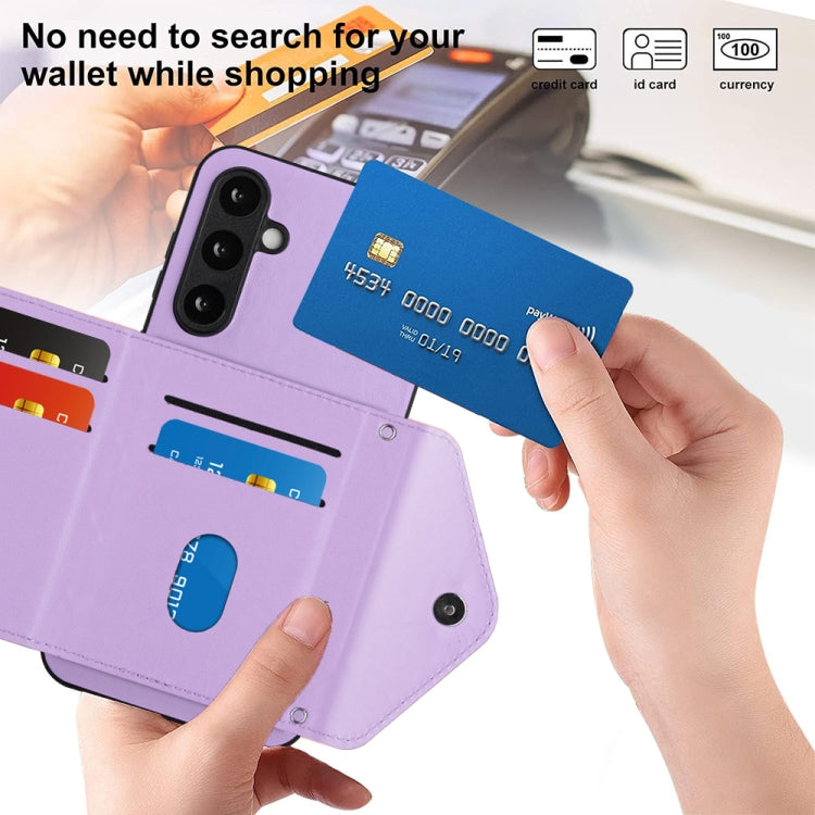 For Samsung Galaxy S23 FE 5G Rhombic Texture Card Bag RFID Phone Case with Long Lanyard(Light Purple) by buy2fix