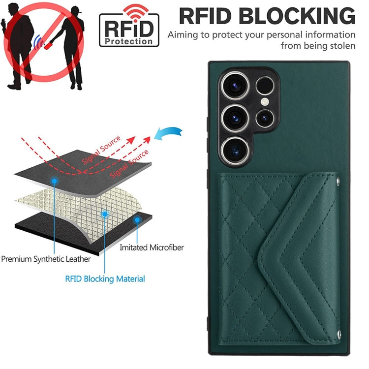 For Samsung Galaxy S23 Ultra 5G Rhombic Texture Card Bag RFID Phone Case with Long Lanyard(Green) - Galaxy S23 Ultra 5G Cases by buy2fix | Online Shopping UK | buy2fix