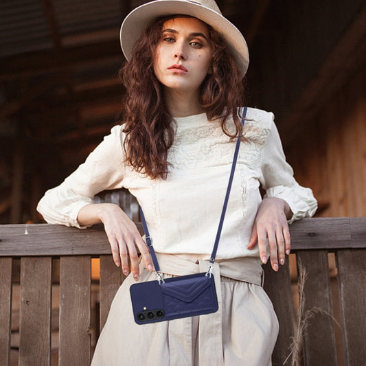 For Samsung Galaxy S24+ 5G Rhombic Texture Card Bag RFID Phone Case with Long Lanyard(Blue) - Galaxy S24+ 5G Cases by buy2fix | Online Shopping UK | buy2fix