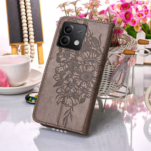 For Xiaomi Redmi Note 13 5G Global Embossed Butterfly Leather Phone Case(Grey) by buy2fix