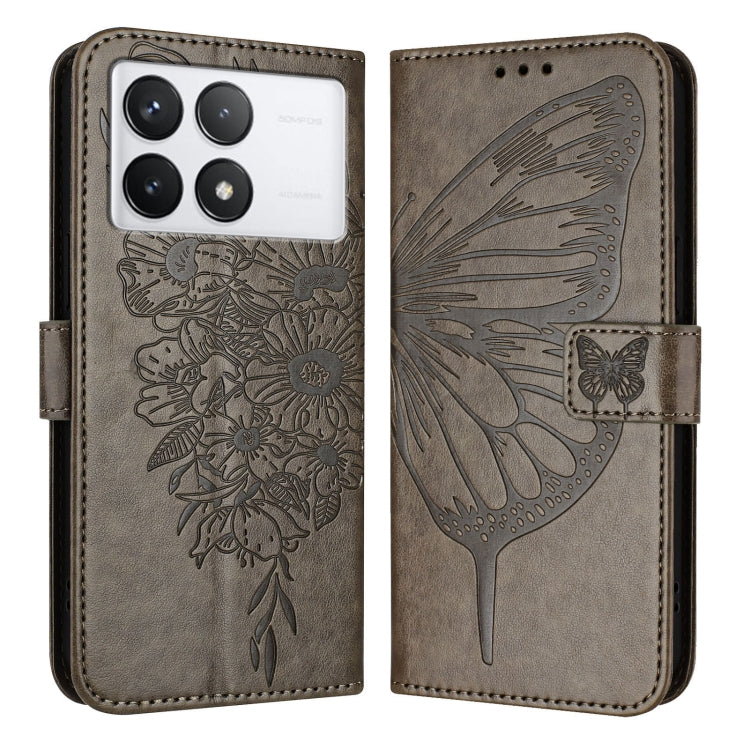 For Xiaomi Redmi K70 / K70 Pro Embossed Butterfly Leather Phone Case(Grey) - Xiaomi Cases by buy2fix | Online Shopping UK | buy2fix