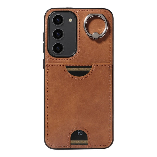 For Samsung Galaxy S23+ 5G Calf Texture Card Slot Ring Holder Phone Case(Brown) by buy2fix