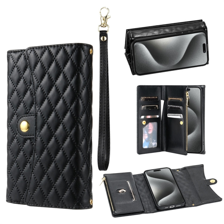 For iPhone 15 Pro Zipper Multi-Card Wallet Rhombic Leather Phone Case(Black) - iPhone 15 Pro Cases by buy2fix | Online Shopping UK | buy2fix