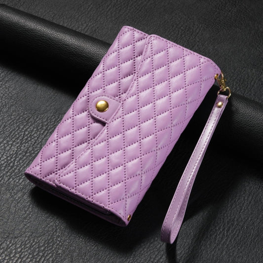 For iPhone 15 Pro Zipper Multi-Card Wallet Rhombic Leather Phone Case(Purple) - iPhone 15 Pro Cases by buy2fix | Online Shopping UK | buy2fix