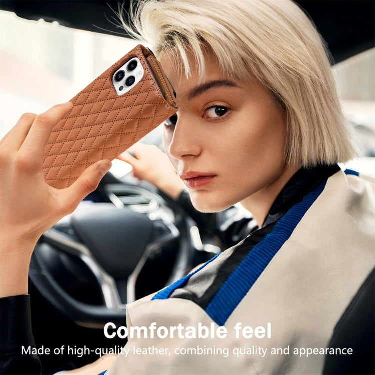 For iPhone 15 Pro Zipper Multi-Card Wallet Rhombic Leather Phone Case(Brown) - iPhone 15 Pro Cases by buy2fix | Online Shopping UK | buy2fix