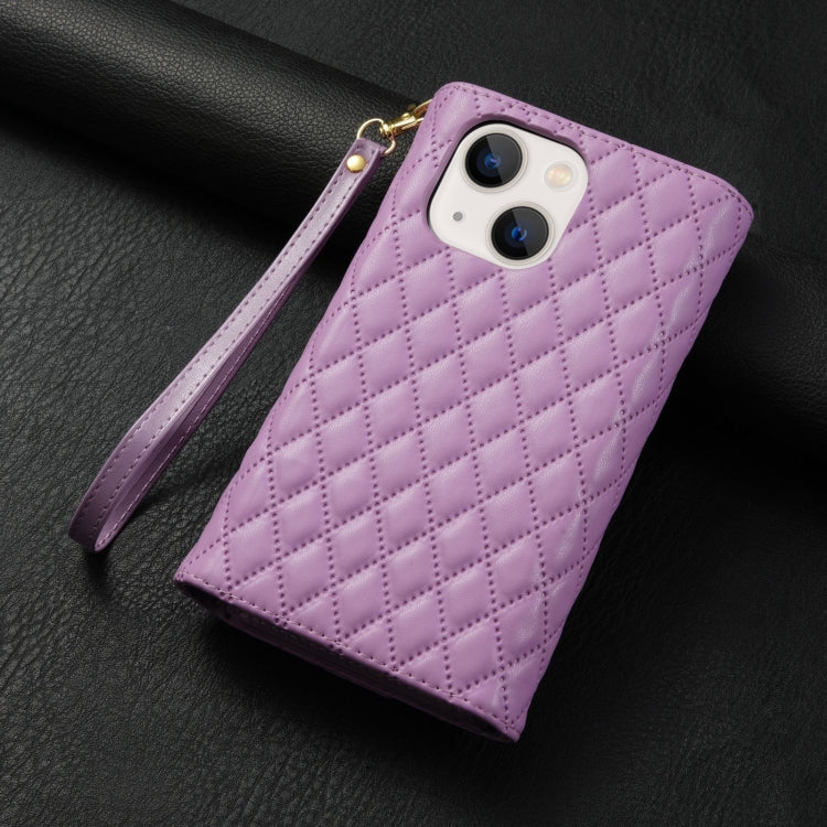 For iPhone 15 Plus Zipper Multi-Card Wallet Rhombic Leather Phone Case(Purple) - iPhone 15 Plus Cases by buy2fix | Online Shopping UK | buy2fix