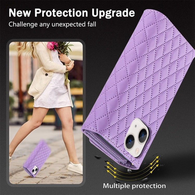 For iPhone 15 Plus Zipper Multi-Card Wallet Rhombic Leather Phone Case(Purple) - iPhone 15 Plus Cases by buy2fix | Online Shopping UK | buy2fix