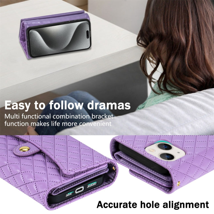 For iPhone 15 Plus Zipper Multi-Card Wallet Rhombic Leather Phone Case(Purple) - iPhone 15 Plus Cases by buy2fix | Online Shopping UK | buy2fix