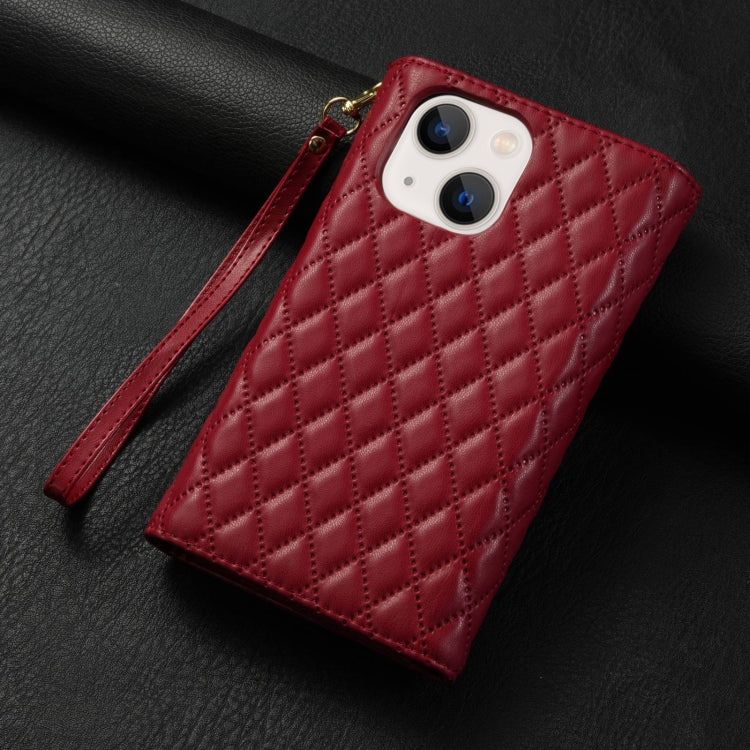For iPhone 15 Plus Zipper Multi-Card Wallet Rhombic Leather Phone Case(Red) - iPhone 15 Plus Cases by buy2fix | Online Shopping UK | buy2fix
