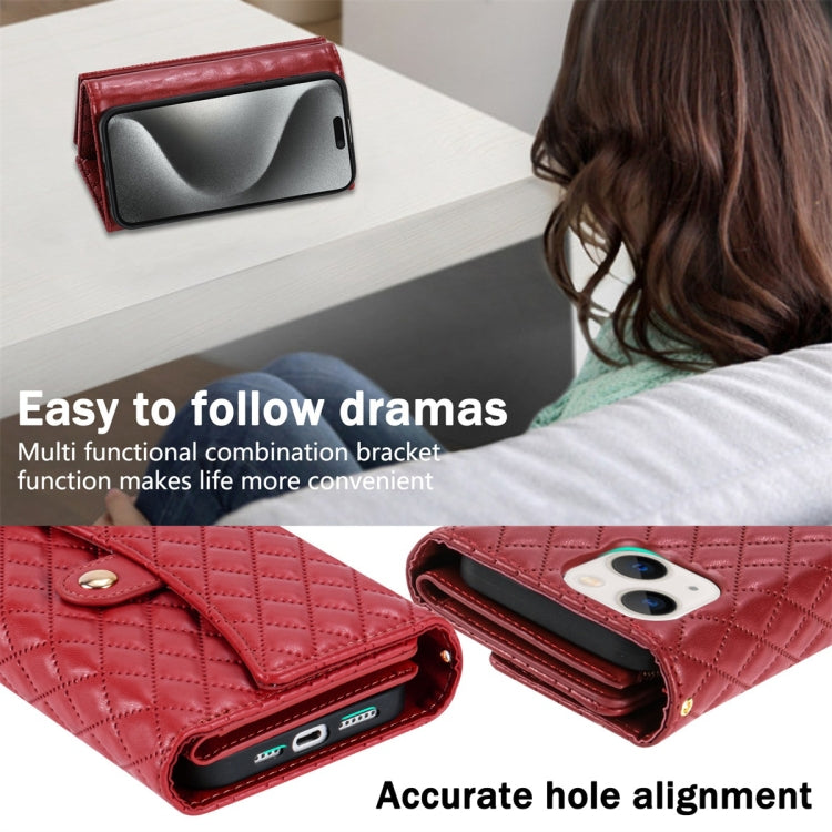 For iPhone 15 Plus Zipper Multi-Card Wallet Rhombic Leather Phone Case(Red) - iPhone 15 Plus Cases by buy2fix | Online Shopping UK | buy2fix