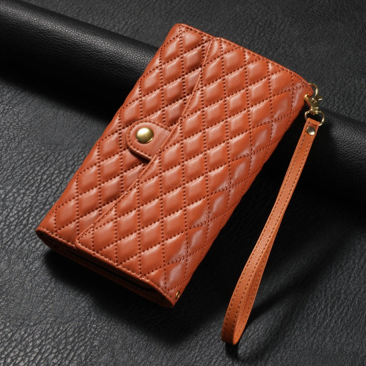 For iPhone 15 Zipper Multi-Card Wallet Rhombic Leather Phone Case(Brown) - iPhone 15 Cases by buy2fix | Online Shopping UK | buy2fix