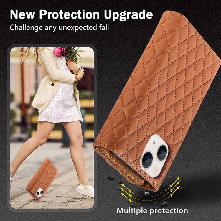 For iPhone 15 Zipper Multi-Card Wallet Rhombic Leather Phone Case(Brown) - iPhone 15 Cases by buy2fix | Online Shopping UK | buy2fix
