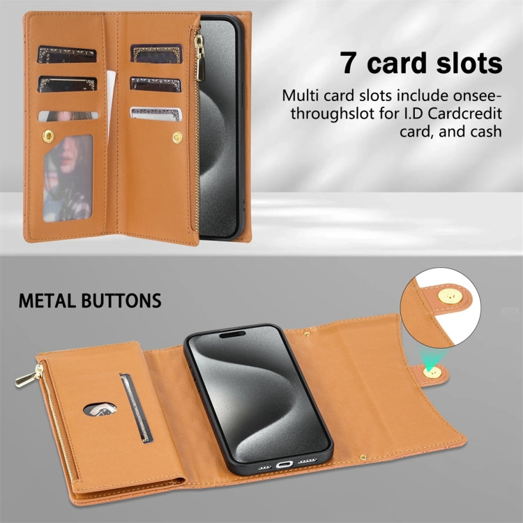 For iPhone 15 Zipper Multi-Card Wallet Rhombic Leather Phone Case(Brown) - iPhone 15 Cases by buy2fix | Online Shopping UK | buy2fix
