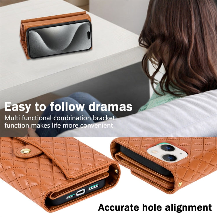 For iPhone 15 Zipper Multi-Card Wallet Rhombic Leather Phone Case(Brown) - iPhone 15 Cases by buy2fix | Online Shopping UK | buy2fix