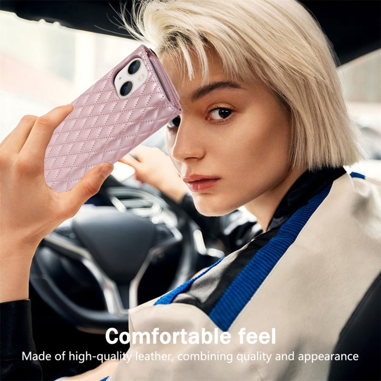 For iPhone 14 Plus Zipper Multi-Card Wallet Rhombic Leather Phone Case(Rose Gold) - More iPhone Cases by buy2fix | Online Shopping UK | buy2fix