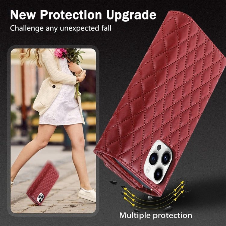 For iPhone 14 Pro Zipper Multi-Card Wallet Rhombic Leather Phone Case(Red) - iPhone 14 Pro Cases by buy2fix | Online Shopping UK | buy2fix