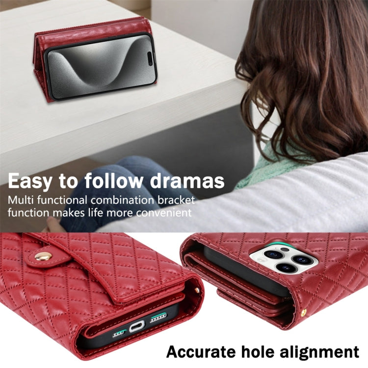 For iPhone 14 Pro Zipper Multi-Card Wallet Rhombic Leather Phone Case(Red) - iPhone 14 Pro Cases by buy2fix | Online Shopping UK | buy2fix